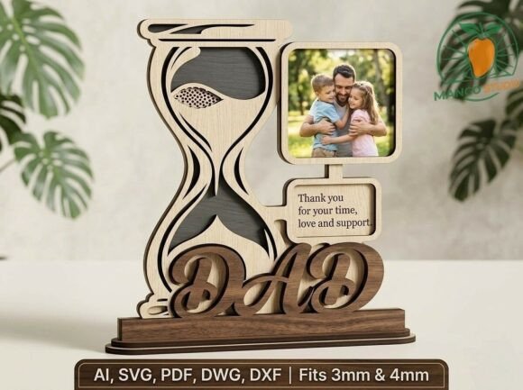 3D Dad Hourglass Photo Frame Laser SVG for Father S Day